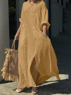 Women's Casual Dress Cotton Linen Dress Black Dress Maxi Long Dress Linen / Cotton Blend Fashion Daily Outdoor Daily Vacation Stand Collar Button Pocket Long Sleeve Fall Autumn 2023 Loose Fit Black -HAYz Clothing Shop awfknr1692947491131