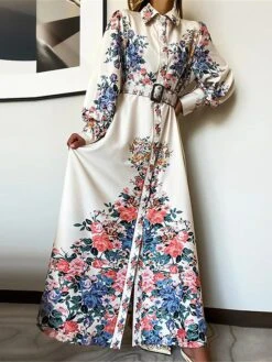 Women's Shirt Dress Casual Dress Swing Dress Maxi Long Dress Outdoor Office Business Polyester Fashion Elegant Shirt Collar Button Tie Belt Long Sleeve Summer Spring Fall 2023 Loose Fit White Floral