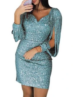 Women‘s Plus Size Curve Party Dress Solid Color V Neck Sequins Long Sleeve Fall Spring Formal Casual Sequins Short Mini Dress Casual Daily Dress Cotton Sequin Dress Homecoming Dress -HAYz Clothing Shop awwosr1645172203384