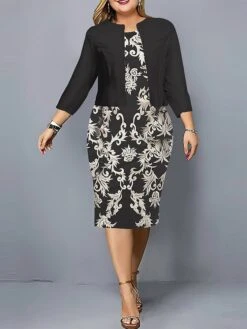Women's Plus Size Curve Casual Dress Dress Set Two Piece Dress Floral Midi Dress Long Sleeve Print Crew Neck Fashion Outdoor Black Navy Blue Fall Winter L XL XXL 3XL 4XL