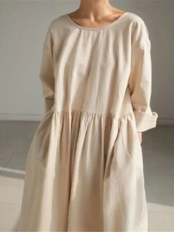 Women's Casual Dress Cotton Linen Dress Swing Dress Maxi Long Dress Cotton Blend Basic Classic Outdoor Daily Crew Neck Pocket Long Sleeve Summer Spring Fall 2023 Loose Fit Black Apricot Pure Color S -HAYz Clothing Shop axvmmd1673606394125