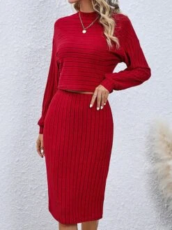 Women's Two Piece Dress Set Casual Dress Skirt Set Daily Holiday Fashion Streetwear Ribbed Midi Dress High Neck Long Sleeve Plain Loose Fit Black Wine Gray Fall Winter S M L XL XXL
