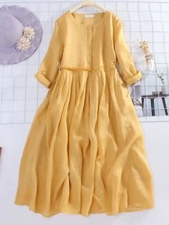 Women's Casual Dress Cotton Linen Dress Midi Dress Linen / Cotton Blend Basic Classic Outdoor Daily Vacation Crew Neck Ruched 3/4 Length Sleeve Fall Autumn 2023 Loose Fit Yellow Blue Plain M L XL 2XL -HAYz Clothing Shop axxoou1693226284420
