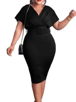 Women‘s Plus Size Curve Easter Dress Work Dress Solid Color V Neck Short Sleeve Spring Dress Fall Work Formal Knee Length Dress Date Vacation Dress -HAYz Clothing Shop ayakxt1661334437044