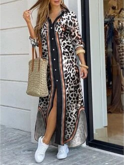 Women's Shirt Dress Long Dress Maxi Dress Black Blue Army Green Long Sleeve Leopard Patchwork Fall Spring Shirt Collar Winter Dress Fall Dress Loose Fit S M L XL XXL