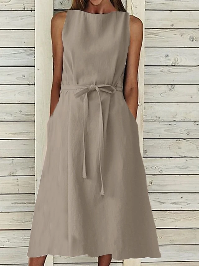 Women's Casual Dress Cotton Linen Dress A Line Dress Midi Dress Cotton And Linen Basic Classic Outdoor Daily Vacation Crew Neck Lace Up Sleeveless Summer Spring 2023 Regular Fit Navy Blue Orange 5 Women's Casual Dress Cotton Linen Dress A Line Dress Midi Dress Cotton And Linen Basic Classic Outdoor Daily Vacation Crew Neck Lace Up Sleeveless Summer Spring 2023 Regular Fit Navy Blue Orange - Image 5