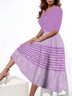 Women's Two Piece Dress Set Casual Dress Tank Dress Outdoor Daily Fashion Streetwear Pocket Print Midi Dress V Neck 3/4 Length Sleeve Stripe Regular Fit Pink Blue Purple Summer Spring S M L XL XXL -HAYz Clothing Shop aypuaw1690542703761