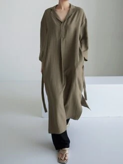 Women's Casual Dress Cotton Linen Dress Shift Dress Midi Dress Linen / Cotton Blend Fashion Basic Outdoor Daily Vacation Shirt Collar Lace Up Pocket Long Sleeve Fall Winter Autumn 2023 Loose Fit -HAYz Clothing Shop aypymq1693475207290