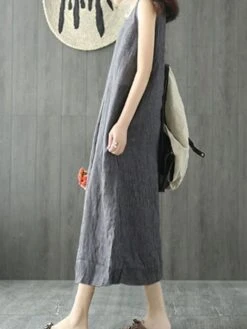 Women's Casual Dress Cotton Linen Dress Shift Dress Maxi Long Dress Cotton Blend Casual Daily Holiday Vacation Crew Neck Pocket Cold Shoulder Sleeveless Summer Spring 2023 Regular Fit Black Gray Pure -HAYz Clothing Shop ayqelz1679376652662