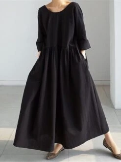 Women's Casual Dress Cotton Linen Dress Swing Dress Maxi Long Dress Cotton Blend Basic Classic Outdoor Daily Crew Neck Pocket Long Sleeve Summer Spring Fall 2023 Loose Fit Black Apricot Pure Color S -HAYz Clothing Shop ayvvqz1673606397062