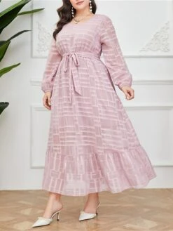 Women's Plus Size Prom Dress Party Dress Wedding Guest Dress Long Dress Maxi Dress Pink Long Sleeve Pure Color Lace Up Fall Winter Autumn Crew Neck Fashion Winter Dress Evening Party Wedding Guest -HAYz Clothing Shop azgdup1693535316167
