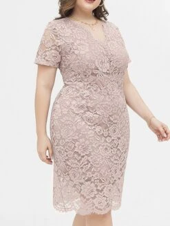 Women's Plus Size Curve Party Dress Lace Dress Cocktail Dress Midi Dress Black Pink Wine Short Sleeve Pure Color Lace Summer Spring Fall V Neck Fashion Birthday Wedding Guest Vacation XL XXL 3XL 4XL -HAYz Clothing Shop azgkrd1692165634171