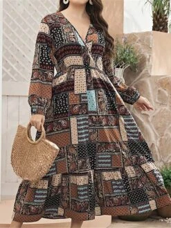 Women's Plus Size Curve Work Dress Swing Dress Semi Formal Dress Fashion Long Dress Maxi Dress Print V Neck Long Sleeve Geometric Paisley Regular Fit Khaki Fall Winter L XL XXL 3XL 4XL