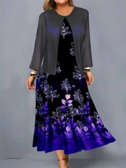 Women's Plus Size Curve Casual Dress Dress Set Two Piece Dress Leaf Gradient Midi Dress Long Sleeve Print Crew Neck Mature Outdoor Yellow Red Fall Winter L XL XXL 3XL 4XL -HAYz Clothing Shop aztmbq1695026888433