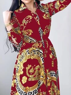 Women's Shirt Dress Casual Dress Swing Dress Maxi Long Dress Outdoor Daily Vacation Polyester Fashion Elegant Shirt Collar Lace Up Button Long Sleeve Spring Fall Winter 2023 Loose Fit ArmyGreen Red -HAYz Clothing Shop azufwb1695027667709