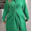 Women's Plus Size Curve Shirt Dress Casual Dress Plain Midi Dress Long Sleeve Ruched Button Shirt Collar Fashion Outdoor Green Fall Winter L XL XXL 3XL 4XL