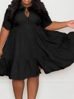 Women‘s Plus Size Curve Shirt Dress Solid Color Shirt Collar Ruffle Half Sleeve Spring Summer Casual Knee Length Dress Daily Holiday Dress