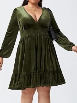 Women's Plus Size Curve Party Dress Velvet Dress Wedding Guest Dress Mini Dress Black Wine Army Green Long Sleeve Pure Color Ruched Spring Fall Winter V Neck Fashion Evening Party Wedding Guest