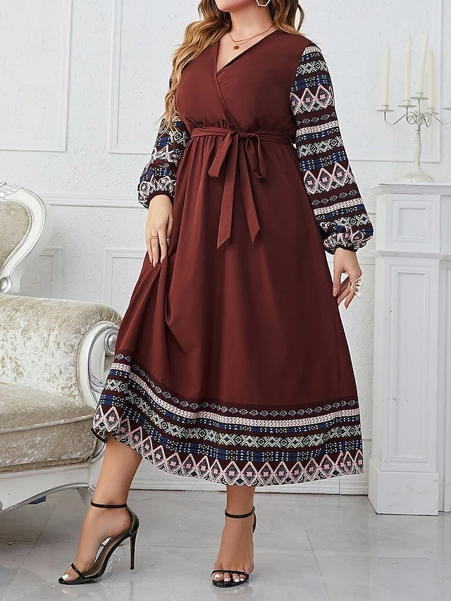 Women's Plus Size Party Dress Wedding Guest Dress Empire Waist Dresses Long Dress Maxi Dress Brown Long Sleeve Geometric Patchwork Spring Fall Winter V Neck Fashion Winter Dress Evening Party Wedding 2 Women's Plus Size Party Dress Wedding Guest Dress Empire Waist Dresses Long Dress Maxi Dress Brown Long Sleeve Geometric Patchwork Spring Fall Winter V Neck Fashion Winter Dress Evening Party Wedding - Image 2
