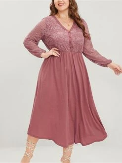 Women‘s Plus Size Curve Party Dress Cocktail Dress Wedding Guest Dress Midi Dress Pink Long Sleeve Color Block Lace Spring Fall Winter V Neck Fashion Birthday Wedding Guest Vacation 2023 XL XXL 3XL