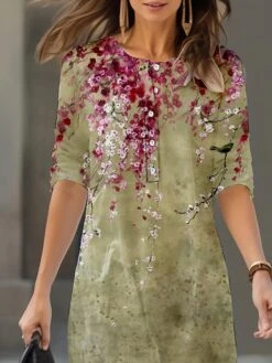 Women's Shirt Dress Casual Dress Cotton Linen Dress Midi Dress Polyester Fashion Casual Daily Outdoor Daily Vacation Crew Neck Button Print 3/4 Length Sleeve Spring Fall Autumn 2023 Loose Fit Yellow -HAYz Clothing Shop bacfkh1693387885650