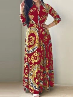 Women's Shirt Dress Casual Dress Swing Dress Maxi Long Dress Outdoor Daily Vacation Polyester Fashion Elegant Shirt Collar Lace Up Button Long Sleeve Spring Fall Winter 2023 Loose Fit ArmyGreen Red -HAYz Clothing Shop badfsb1695027665997