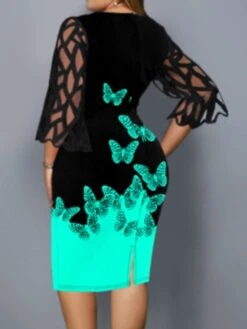 Women‘s Plus Size Curve Party Dress Butterfly Crew Neck Print 3/4 Length Sleeve Spring Fall Work Casual Sexy Prom Dress Midi Dress Daily Work Dress -HAYz Clothing Shop badipi1627617593153