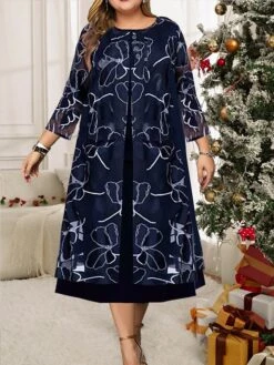 Women's Plus Size Two Piece Dress Set Casual Dress Chiffon Dress Outdoor Daily Fashion Elegant Print Midi Dress Crew Neck 3/4 Length Sleeve Floral Regular Fit Navy Blue Fall Winter L XL XXL 3XL 4XL