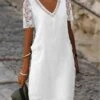 Women's Casual Dress Cotton Linen Dress Shift Dress Midi Dress Cotton Blend Modern Casual Daily Vacation V Neck Lace Hollow Out Short Sleeve Summer Spring 2023 Regular Fit White Pure Color S M L XL