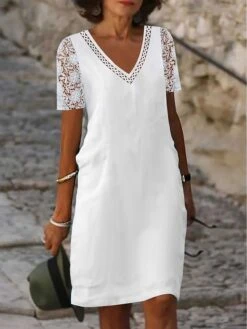 Women's Casual Dress Cotton Linen Dress Shift Dress Midi Dress Cotton Blend Modern Casual Daily Vacation V Neck Lace Hollow Out Short Sleeve Summer Spring 2023 Regular Fit White Pure Color S M L XL
