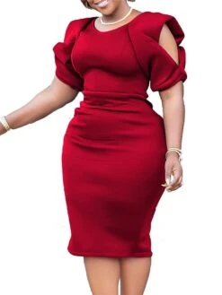 Women‘s Plus Size Curve Party Dress Solid Color V Neck Short Sleeve Spring Fall Work Formal Midi Dress Party Date Dress -HAYz Clothing Shop bakddw1661334432116