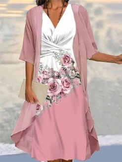 Women's Two Piece Dress Set Casual Dress Chiffon Dress Outdoor Daily Fashion Streetwear Knot Front Print Midi Dress V Neck 3/4 Length Sleeve Floral Regular Fit Black Pink Blue Fall Winter S M L XL XXL -HAYz Clothing Shop baqjja1693972033350