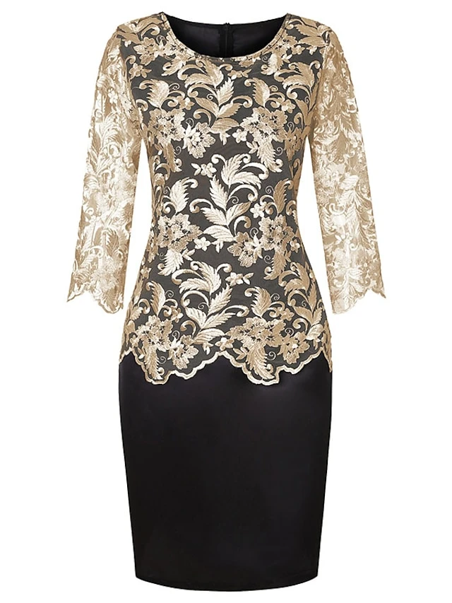 Women‘s Plus Size Curve Party Dress Floral Crew Neck Lace Long Sleeve Spring Fall Elegant Prom Dress Knee Length Dress Formal Party Dress 3 Women‘s Plus Size Curve Party Dress Floral Crew Neck Lace Long Sleeve Spring Fall Elegant Prom Dress Knee Length Dress Formal Party Dress - Image 3