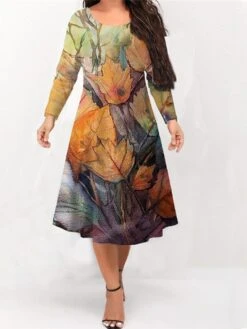 Women‘s Plus Size Curve Work Dress Floral Crew Neck Long Sleeve Winter Fall Fashion Elegant Modern Midi Dress Office Work Dress -HAYz Clothing Shop bawwrl1670470613798