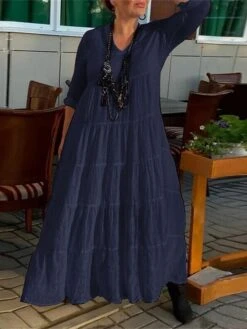 Women's Casual Dress Cotton Dress Maxi Long Dress Cotton Basic Classic Outdoor Daily Vacation V Neck Ruched Long Sleeve Spring Fall Winter 2023 Loose Fit White Blue Brown Plain S M L XL 2XL -HAYz Clothing Shop baxhpq1692695636685