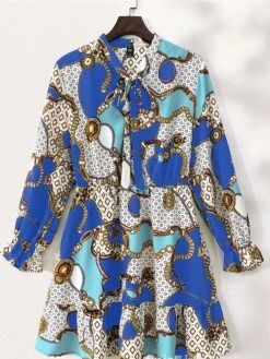 Women's Plus Size Curve Casual Dress Chiffon Dress A Line Dress Geometric Color Block Midi Dress Long Sleeve Lace Up Print Stand Collar Fashion Daily Pink Blue Fall Winter L XL XXL 3XL 4XL -HAYz Clothing Shop bbgcbf1695025298507