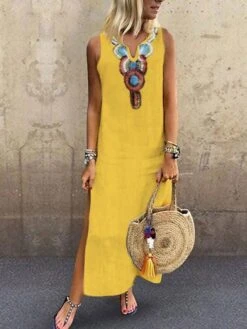 Women's Casual Dress Shift Dress White Dress Long Dress Maxi Dress Polyester Hot Casual Holiday Vacation Beach V Neck Split Print Sleeveless Summer Spring Fall 2023 Regular Fit White Yellow Wine -HAYz Clothing Shop bbhzsx1697189865722
