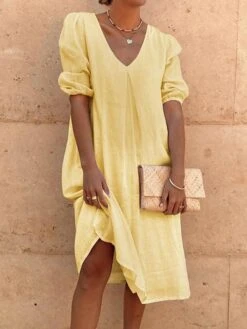 Women's Casual Dress Cotton Linen Dress Midi Dress Linen / Cotton Blend Fashion Casual Daily Outdoor Daily Weekend V Neck Basic Long Sleeve Summer Spring 2023 Loose Fit White Yellow Pink Plain S M L -HAYz Clothing Shop bbjgas1686736466341