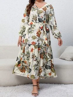 Women's Casual Dress Swing Dress Print Dress Leaf Floral Ruffle Print V Neck Long Dress Maxi Dress Fashion Streetwear Outdoor Daily Long Sleeve Regular Fit Blue Apricot Fall Winter XL XXL 3XL 4XL -HAYz Clothing Shop bbrgks1697539481679