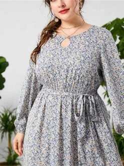 Women's Plus Size Curve Work Dress Swing Dress Semi Formal Dress Fashion Midi Dress Lace Up Hollow Out Crew Neck Long Sleeve Floral Loose Fit Blue Fall Winter L XL XXL 3XL 4XL -HAYz Clothing Shop bcbmkp1693300606789