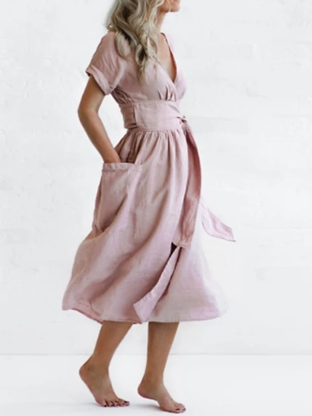 Women's Casual Dress Cotton Linen Dress A Line Dress Midi Dress Polyester Fashion Street Style Outdoor Daily Date V Neck Pocket Strappy Short Sleeve Summer Spring 2023 Regular Fit Pink Wine Brown 9 Women's Casual Dress Cotton Linen Dress A Line Dress Midi Dress Polyester Fashion Street Style Outdoor Daily Date V Neck Pocket Strappy Short Sleeve Summer Spring 2023 Regular Fit Pink Wine Brown - Image 9