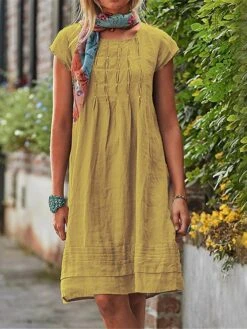 Women's Casual Dress Cotton Linen Dress Midi Dress Cotton Blend Basic Classic Outdoor Daily Crew Neck Basic Short Sleeve Summer Spring 2023 Loose Fit Black Yellow Sky Blue Plain S M L XL 2XL