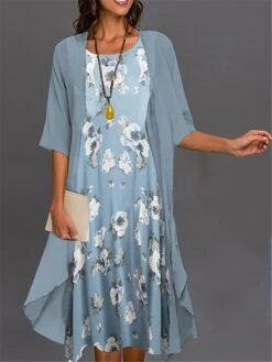 Women's Two Piece Dress Set Casual Dress Print Dress Outdoor Daily Fashion Elegant Print Midi Dress Crew Neck 3/4 Length Sleeve Floral Loose Fit Blue Sky Blue Dark Green Summer Spring S M L XL XXL -HAYz Clothing Shop bcvxuy1688725824005