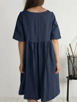 Women's Casual Dress Cotton Linen Dress Swing Dress Midi Dress Linen / Cotton Blend Fashion Modern Outdoor Daily Holiday Crew Neck Button Pocket Half Sleeve Summer Spring Fall 2023 Loose Fit Pink -HAYz Clothing Shop bcxcsh1689326683626