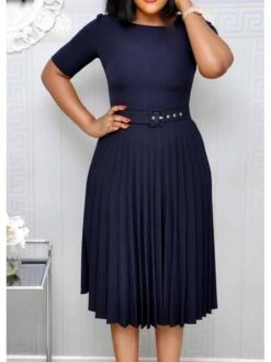 Women‘s Plus Size Curve Party Dress Solid Color Crew Neck Ruched Short Sleeve Spring Fall Work Formal Prom Dress Knee Length Dress Party Work Dress Loose Fit -HAYz Clothing Shop bcyaql1620625707255