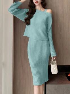 Women's Two Piece Dress Set Casual Dress Skirt Set Outdoor Daily Fashion Streetwear Ruched Midi Dress V Neck Long Sleeve Plain Slim Black Pink Green Fall Winter One-Size -HAYz Clothing Shop bcznap1693374468819