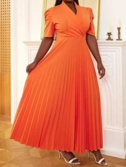 Women's Plus Size Curve Party Dress Work Dress Swing Dress Plain Long Dress Maxi Dress Short Sleeve Pleated Shirt Collar Fashion Party Orange Fall Winter XL XXL 3XL 4XL -HAYz Clothing Shop bdazob1694425979262