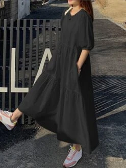 Women's Casual Dress Cotton Linen Dress Swing Dress Maxi Long Dress Cotton Blend Basic Casual Outdoor Daily Holiday Crew Neck Ruched Pocket Half Sleeve Summer Spring 2023 Loose Fit Black White Red -HAYz Clothing Shop bdbqui1657768778044
