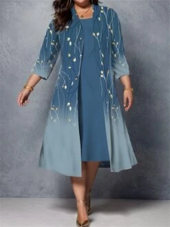 Women's Plus Size Curve Casual Dress Dress Set Two Piece Dress Floral Midi Dress 3/4 Length Sleeve Print Crew Neck Fashion Outdoor Navy Blue Fuchsia Fall Winter L XL XXL 3XL 4XL