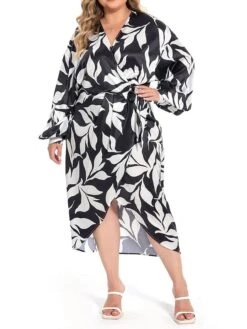 Women's Plus Size Curve Work Dress Satin Dress Wrap Dress Floral Midi Dress Long Sleeve Split V Neck Fashion Office Black Fall Winter L XL XXL 3XL 4XL -HAYz Clothing Shop bdeied1694772971749
